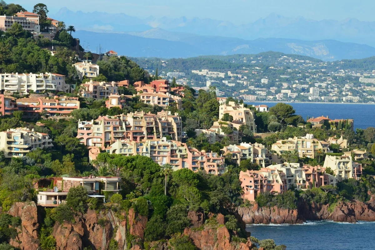 Coteau verdoyant parsemé de villas au-dessus de la mer, sur les hauteurs de Cannes